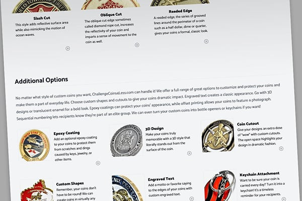 Informative screenshot showing additional customization options for challenge coins. Options include epoxy coating, 3D design, custom shapes, engraved text, and keychain attachments. Visual examples include various coin designs, emphasizing the unique features that can be tailored for each coin.