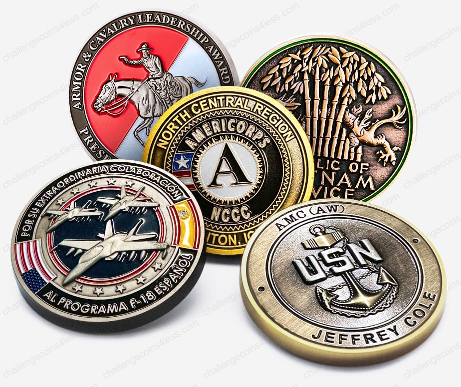 multiple examples of custom challenge coins