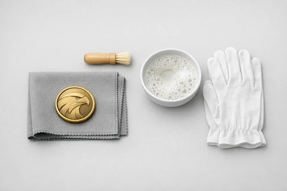 Coin cleaning supplies: microfiber cloth, soft-bristle brush, bowl of mild soapy water and cotton gloves