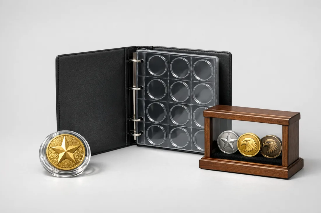 Challenge coin storage options: an acrylic coin capsule, a collector album and a wood and glass display case