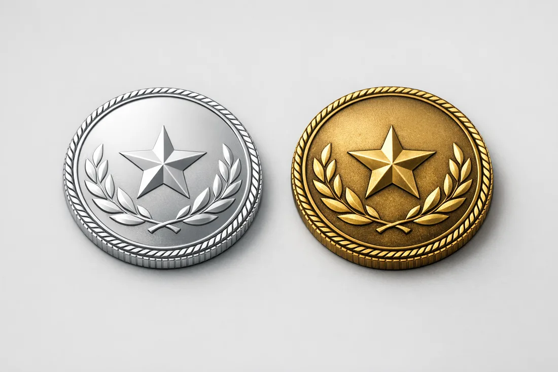 The same coin design shown in zinc on the left and brass on the right