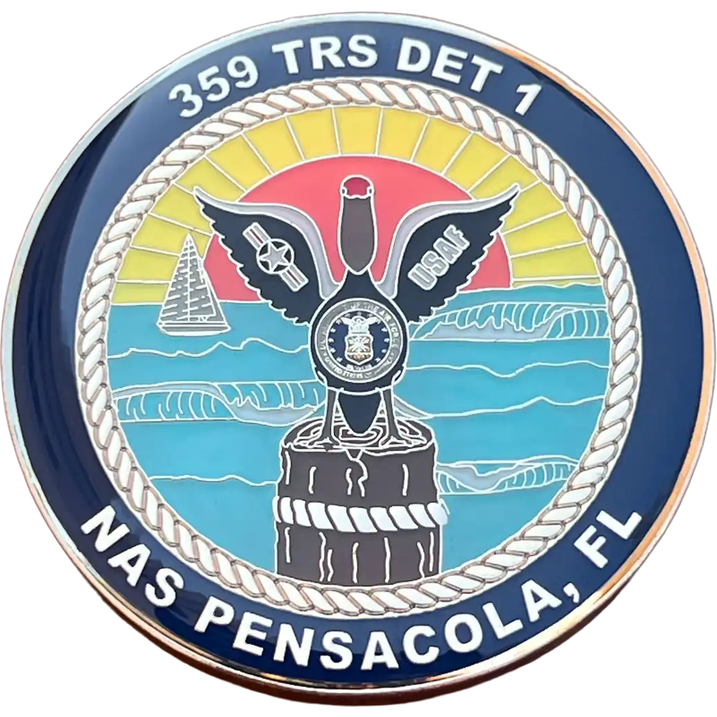 A gold challenge coin with a clear epoxy dome over its printed center