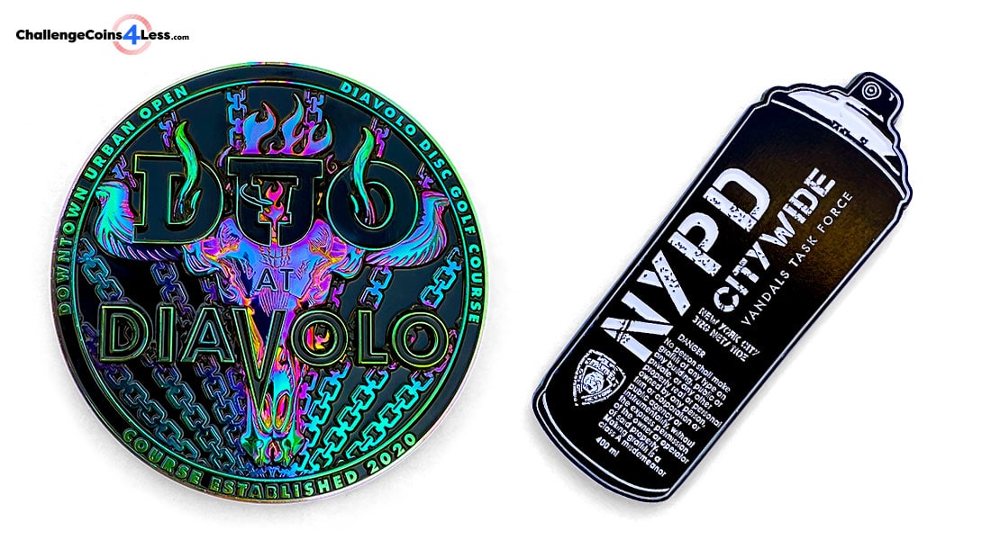 Rainbow anodized and black dyed metal coin examples