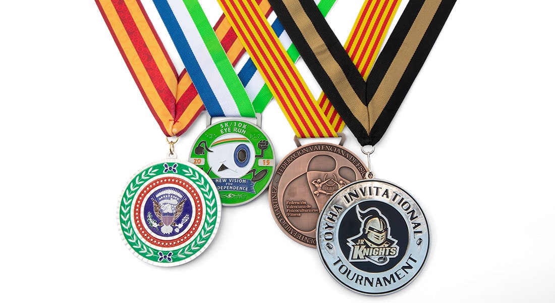 Assortment of medals with colorful ribbons