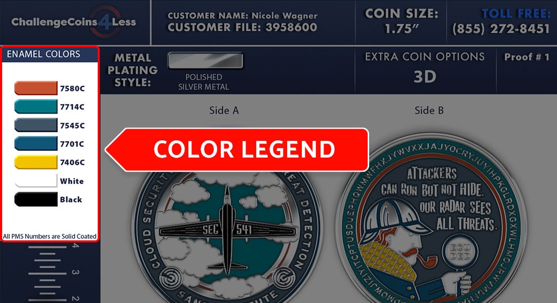 Close-up view of customer proof, highlighting the PMS color legend