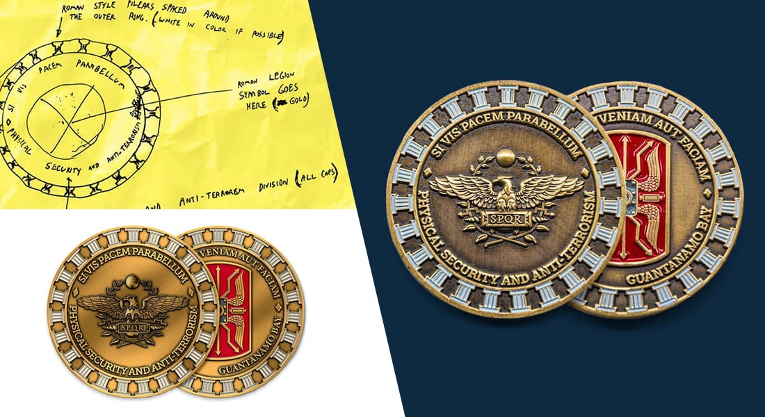 Customer sketch, designer proof, and final coin
