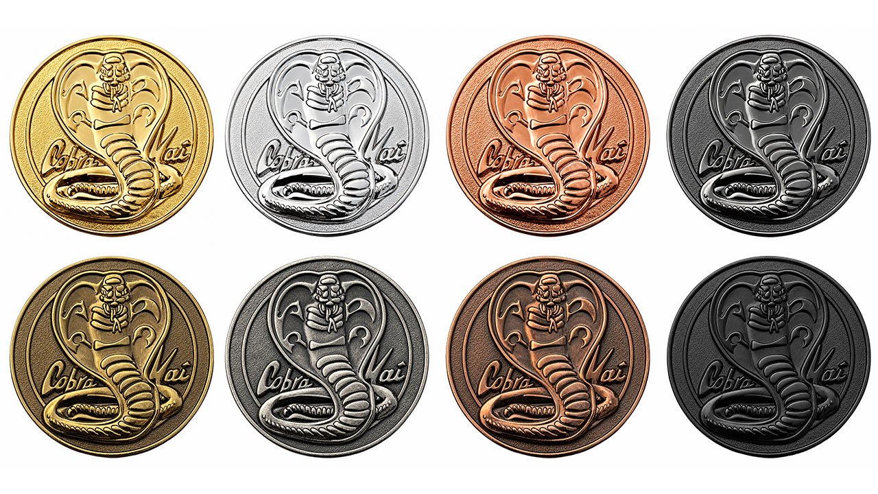 Eight zinc alloy challenge coins with the same cobra design: polished gold, silver, copper and black nickel on the top row, and antique gold, silver, copper and dyed black metal on the bottom row