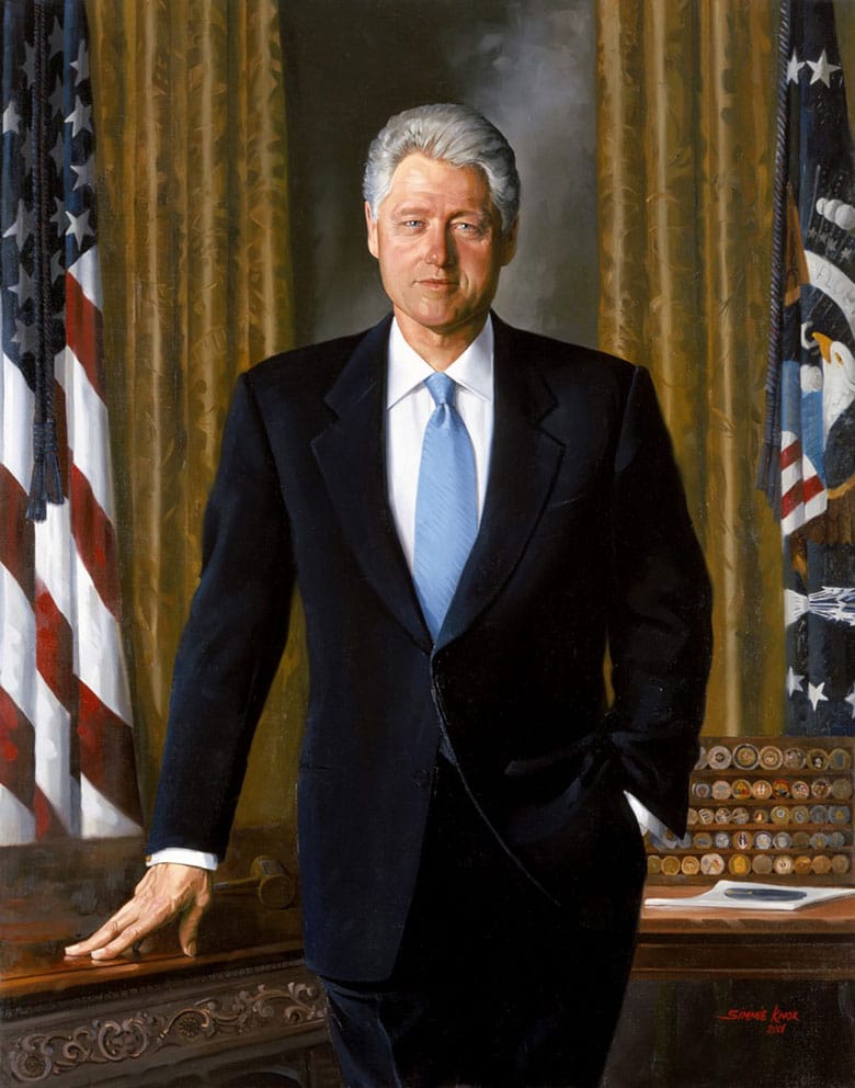 portrait of Bill Clinton with his challenge coin collection in the background