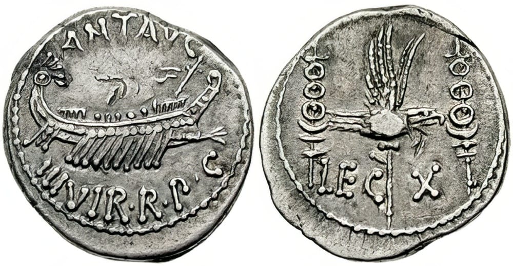 A coin of Legio X Equestris, a Roman legion, was levied by Julius Caesar in 61 BC
