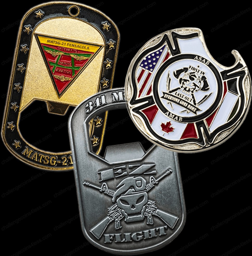 A set of military-themed bottle opener challenge coins. The top-left features 'MATSG-21 PENSACOLA' with a shield and stars, the top-right depicts a circular 'ASAB' coin with a bulldog and flags of the USA and Canada, and the bottom showcases a 'TEXAN FLIGHT' coin with a skull and crossed rifles design.