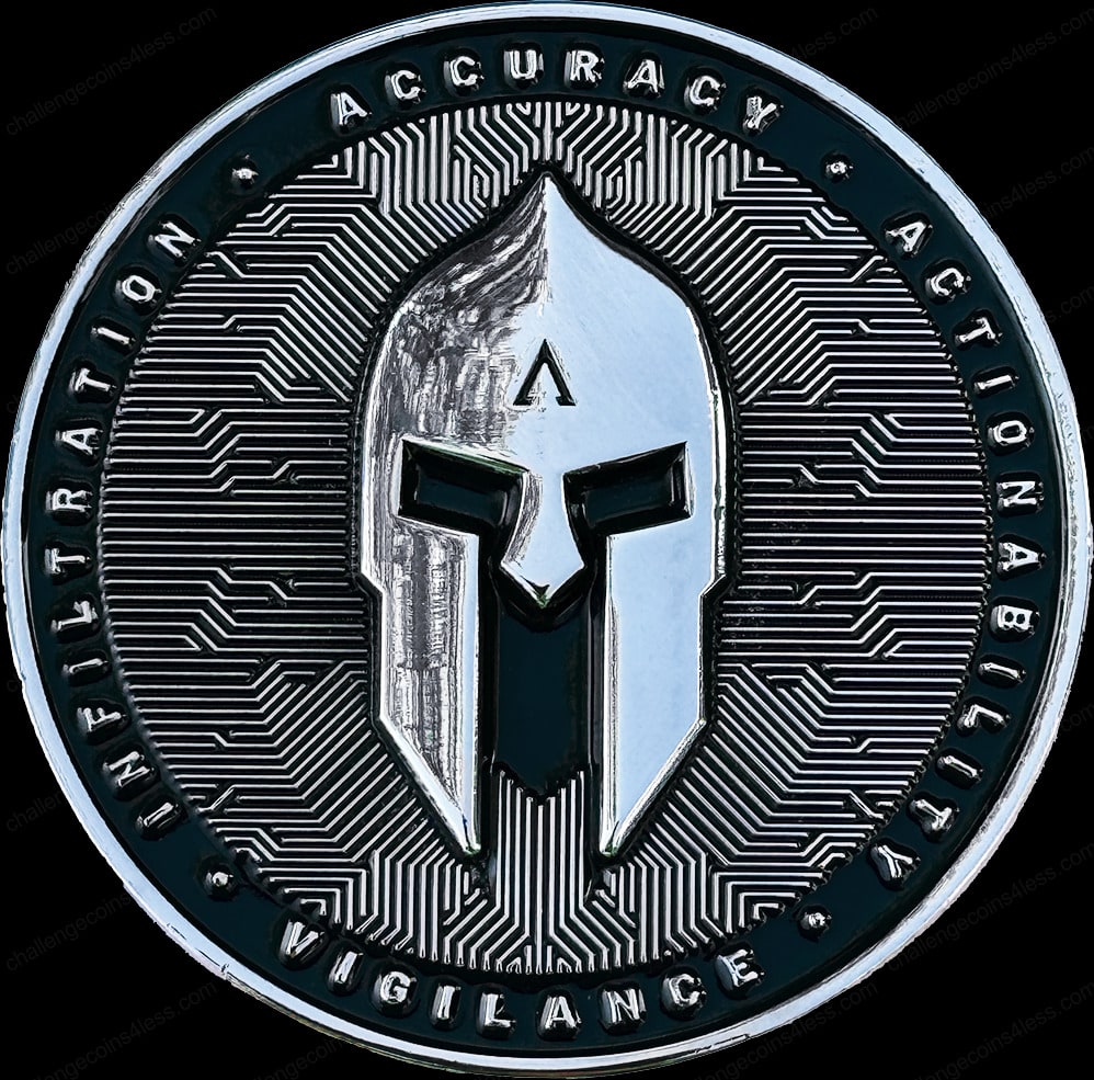 Traditional round style Prevailion challenge coin featuring a silver Spartan helmet motif on a textured background with a circuit-like pattern. The surrounding rim is inscribed with 'INTELLIGENCE,' 'ACCURACY,' 'VIGILANCE,' and 'INFILTRATION,' highlighting key values associated with precision and strategic insight.