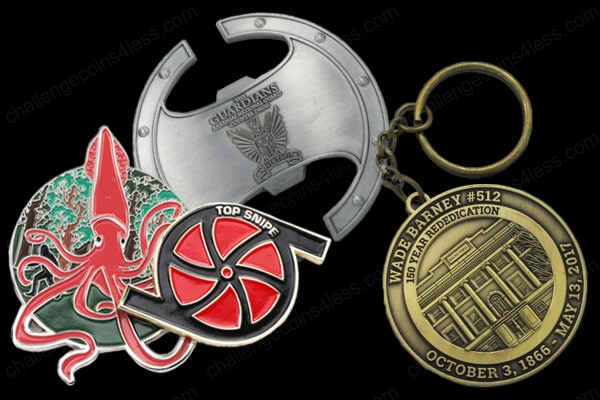 a variety of challenge coins showing some of the different options available