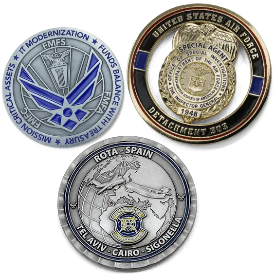 three examples of air force challenge coins with custom designs