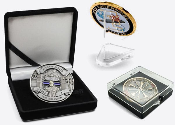 3 examples of challenge coin packaging and displays
