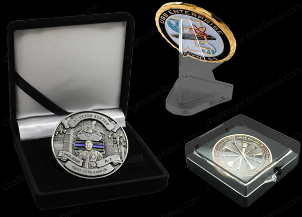 3 examples of challenge coin packaging and displays