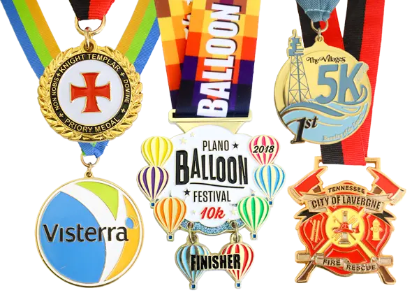 custom medals and medallions with colorful ribbons and detailed designs