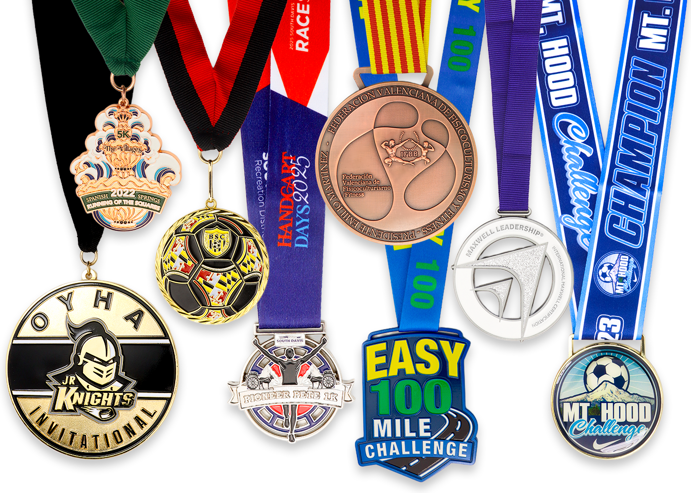 Assorted custom medals for sports, fitness, and leadership events including soccer, running, bodybuilding, 5K races, and endurance challenges, each with distinct designs and colorful ribbons.