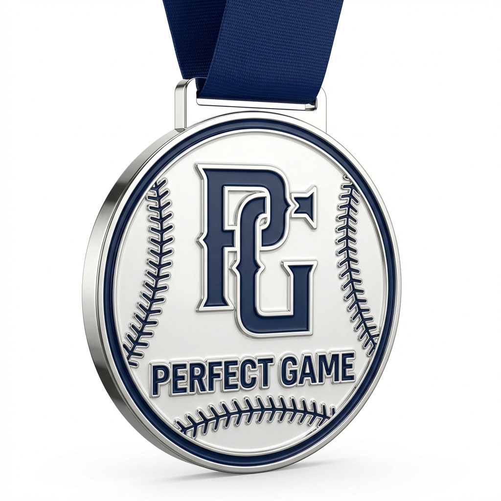 Silver Perfect Game baseball medal with navy blue ribbon featuring baseball stitching detail and PG logo