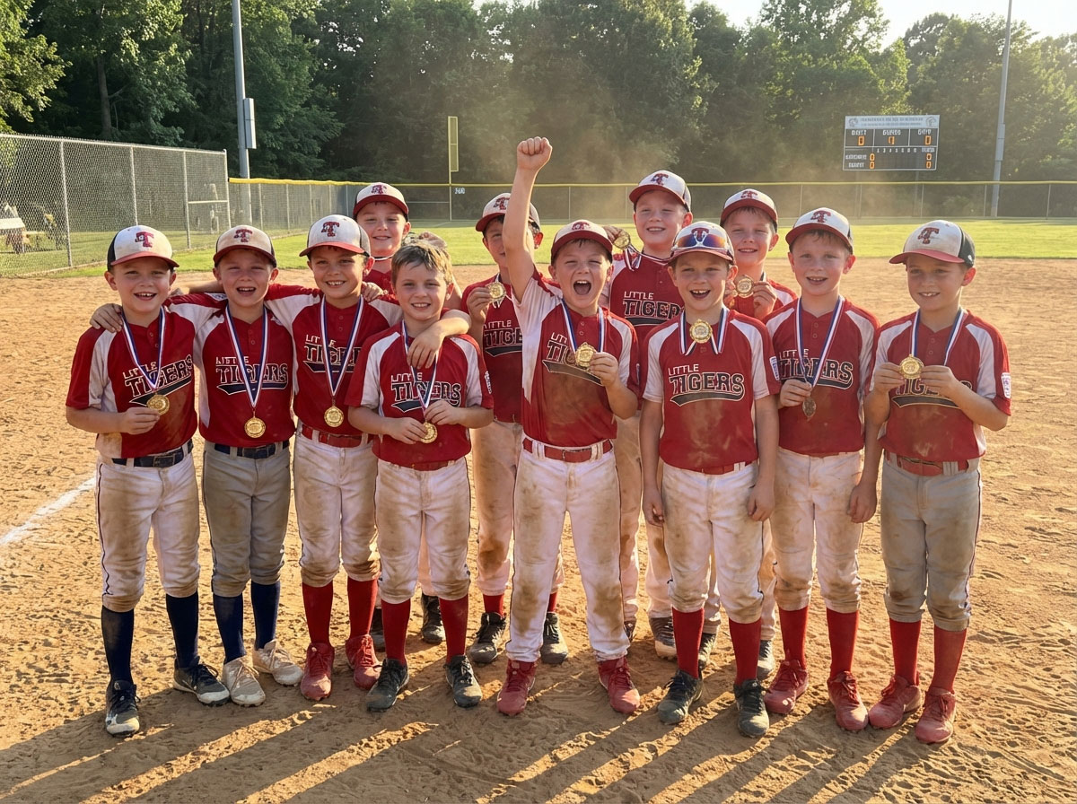 Little Tigers youth baseball team celebrating on the field with gold championship medals after winning a tournament.