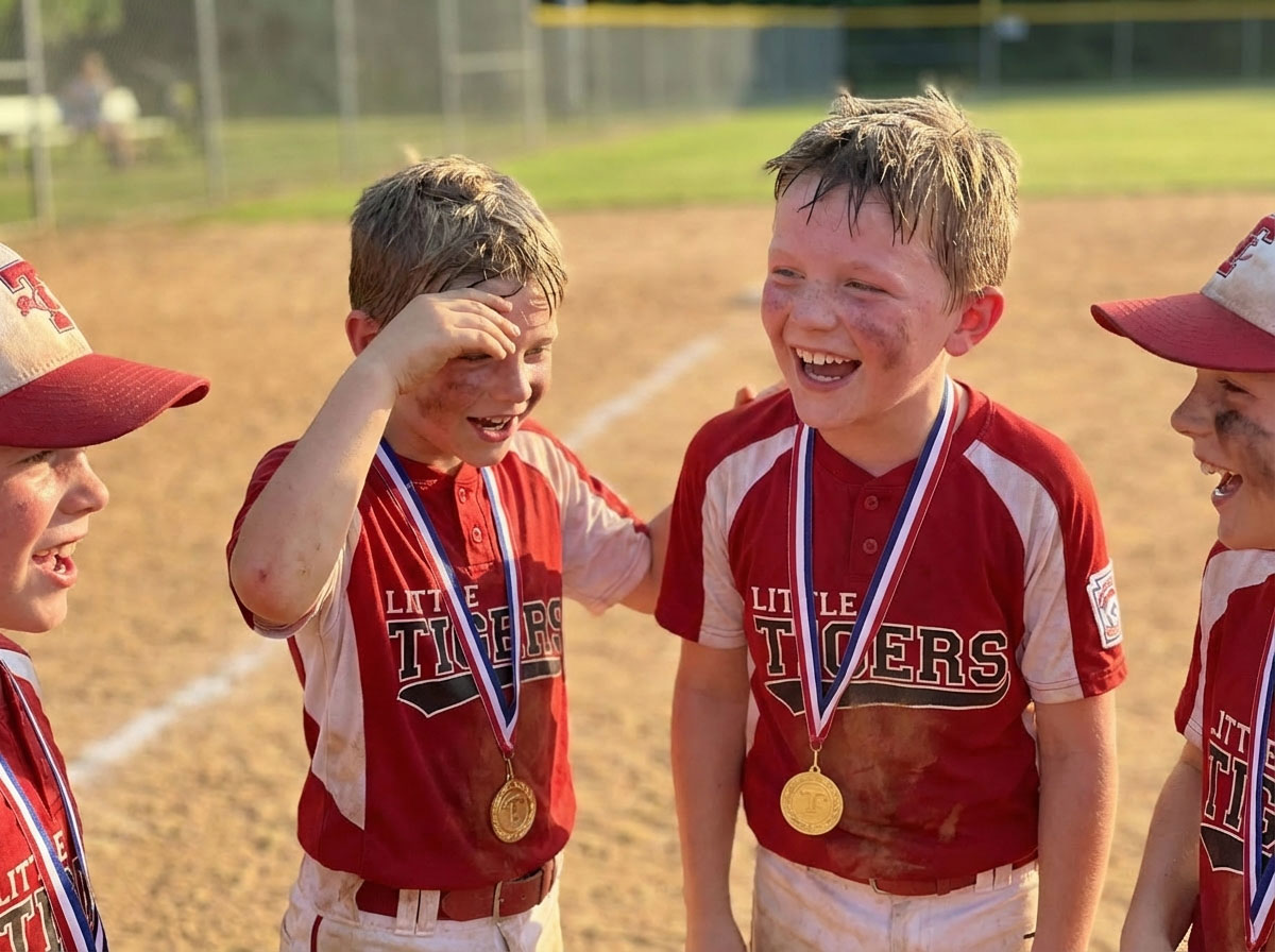 Two young Little Tigers baseball players laughing together on the dirt field wearing gold medals around their necks.