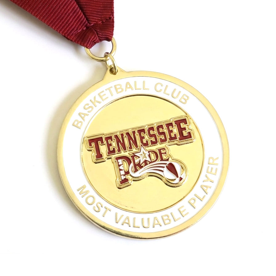 Gold Tennessee Pride Basketball Club Most Valuable Player medal with maroon ribbon