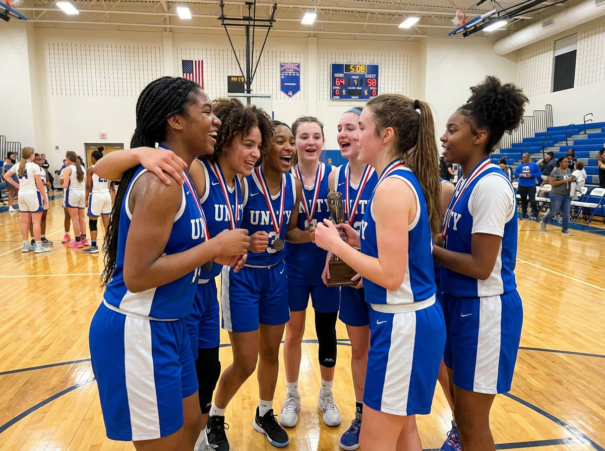 Unity girls basketball team celebrating on the court with championship medals and trophy after winning a tournament.