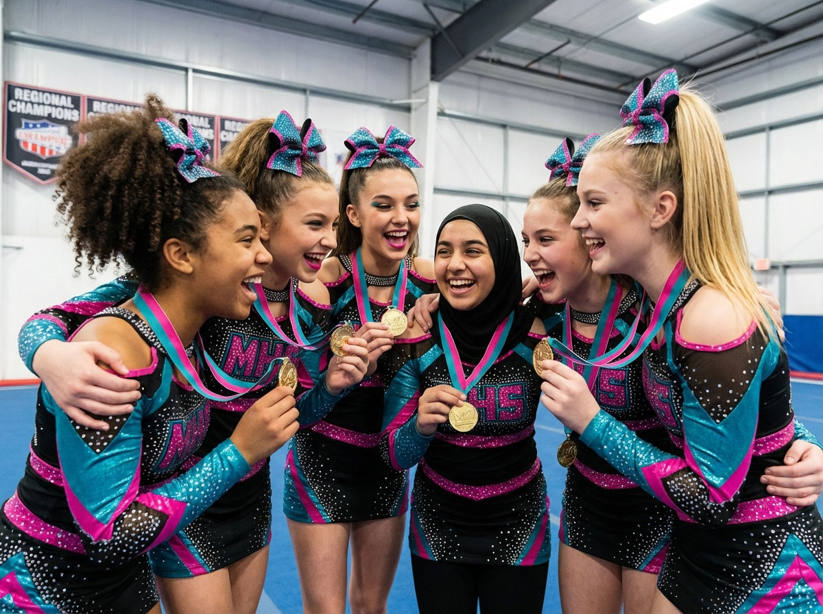 All-star cheer team in matching teal and pink uniforms celebrating together with gold medals after winning a regional championship.