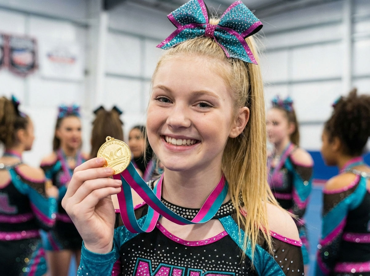 Young cheerleader in teal and pink uniform smiling and proudly holding up a gold medal after winning a regional championship.