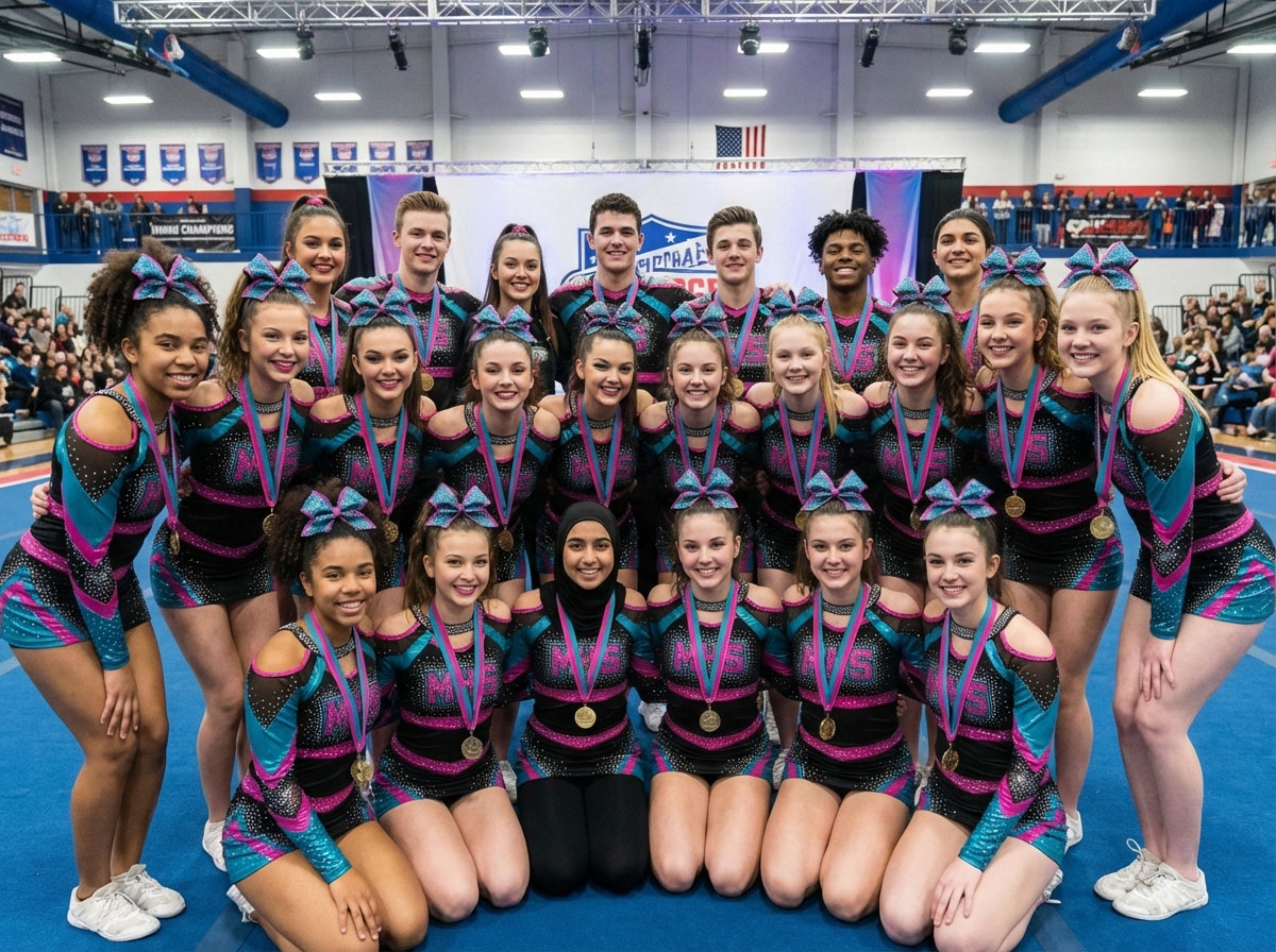 Full all-star cheer squad posing for a group photo on the competition mat wearing gold medals at a regional championship event.