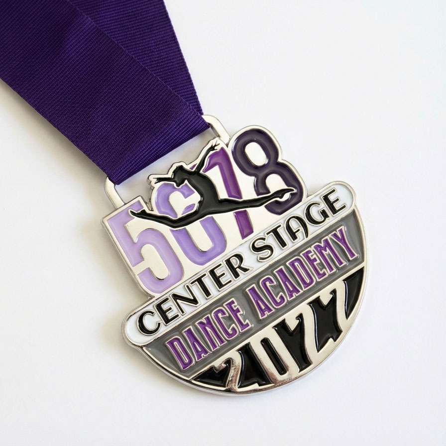 Custom 5678 Center Stage Dance Academy silver medal with purple and black enamel, dancer silhouette, and purple ribbon