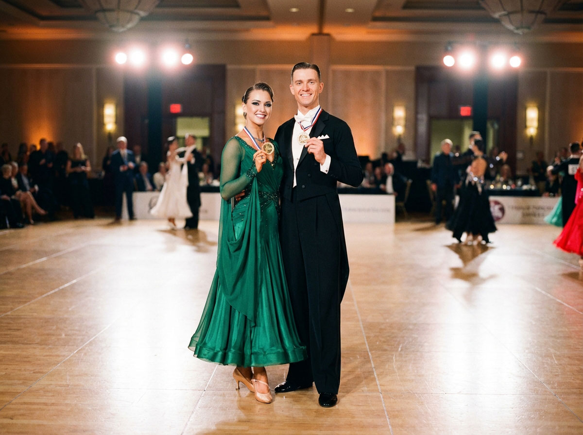Ballroom dance couple in formal attire holding up gold medals on the dance floor after winning a championship competition.