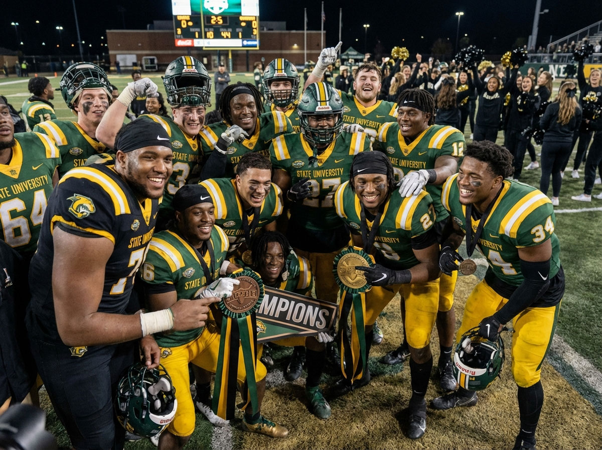 State University football team celebrating on the field at night with championship medals and a banner after winning the title game.