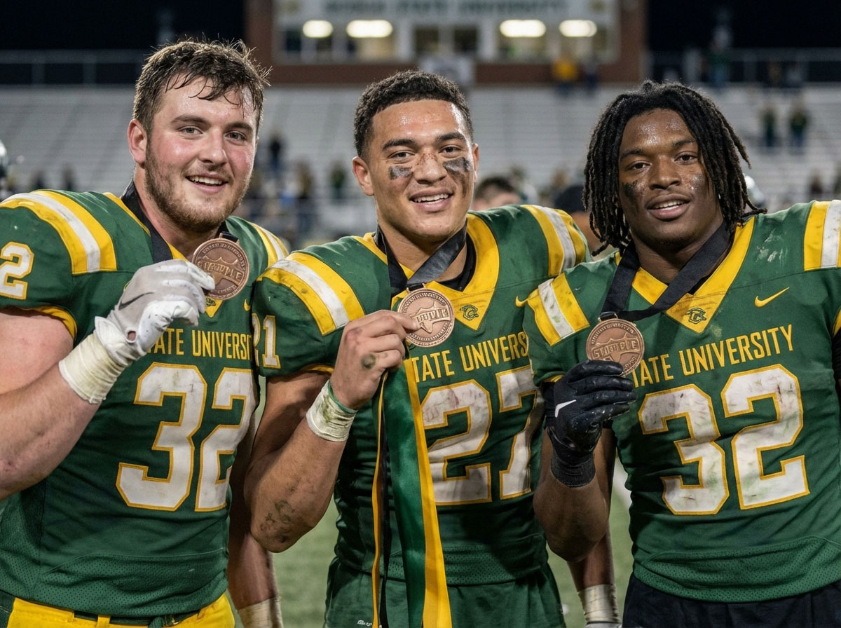 Three State University football players in green and gold jerseys posing together on the field holding bronze championship medals after a night game.
