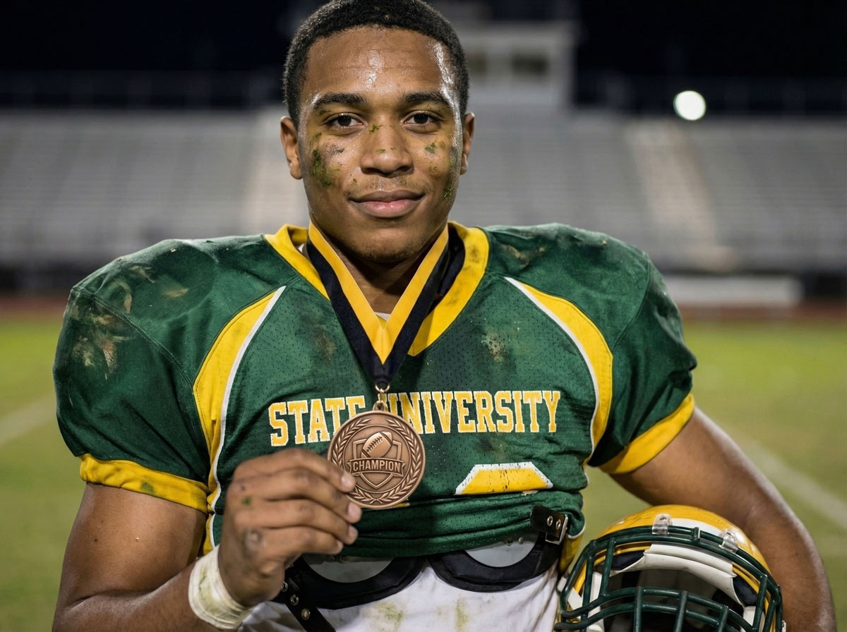 State University football player proudly holding up a bronze championship medal on the field after a night game.