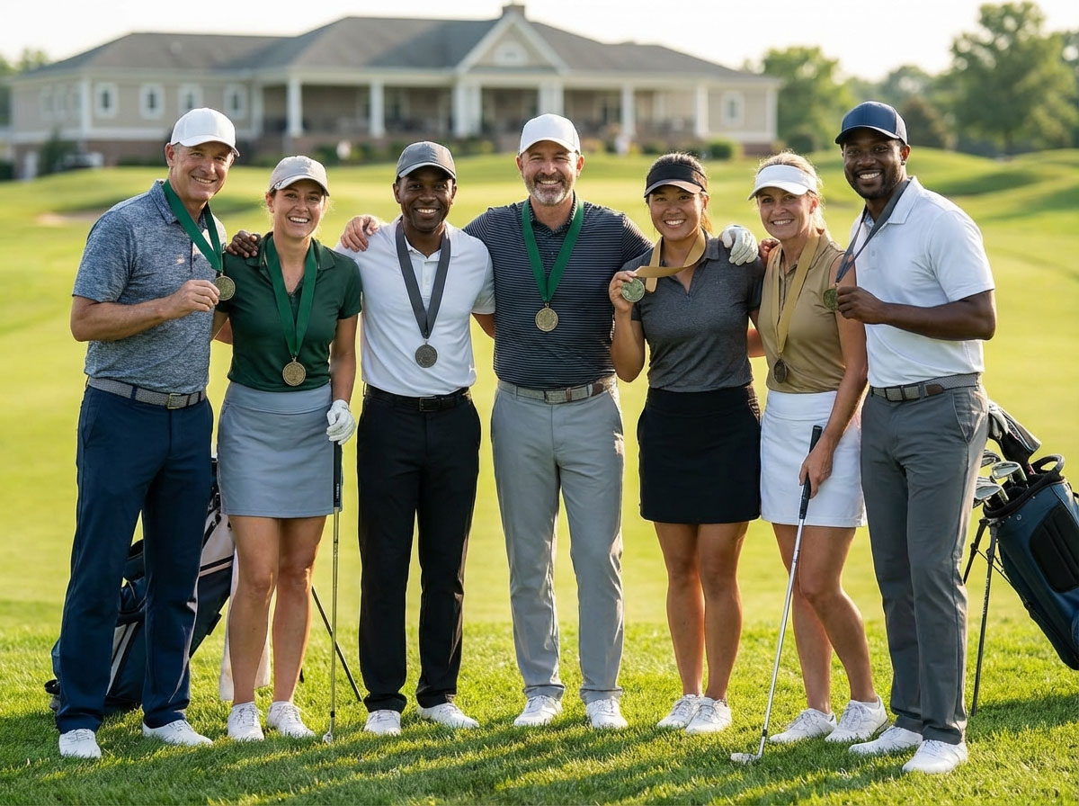Group of seven golfers posing together on the fairway with gold medals around their necks and a clubhouse in the background.