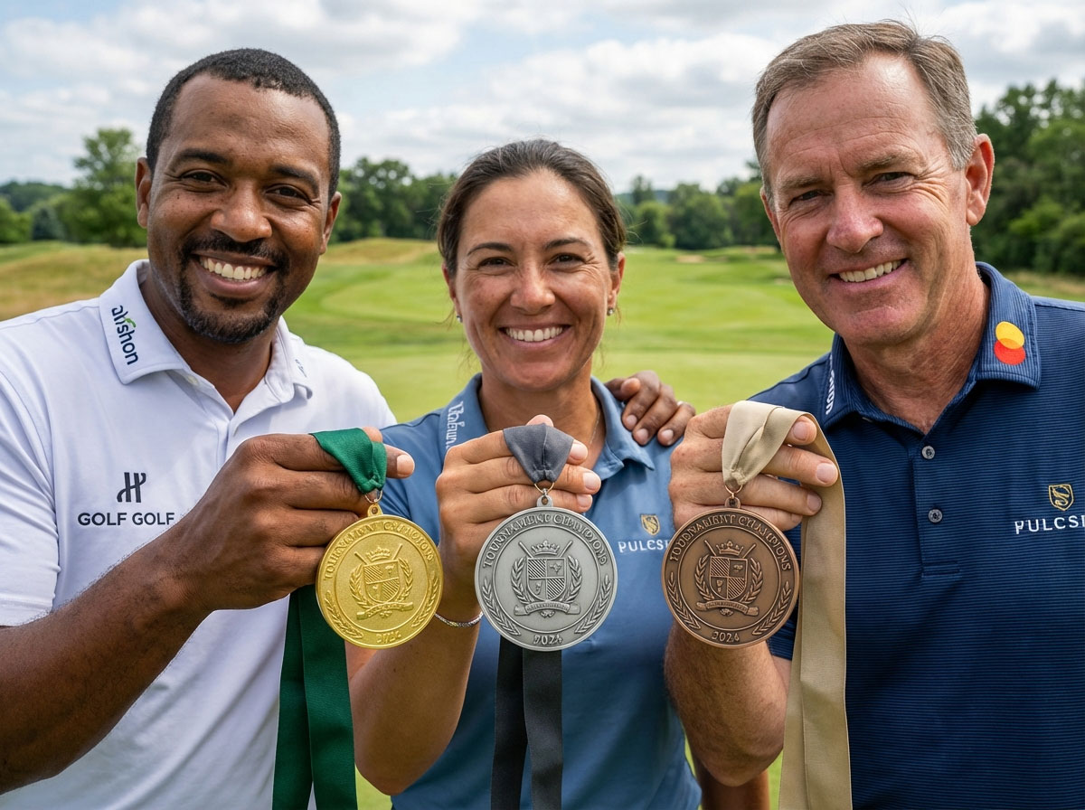 Three golfers on the course proudly holding up gold, silver, and bronze Tournament Champions medals.