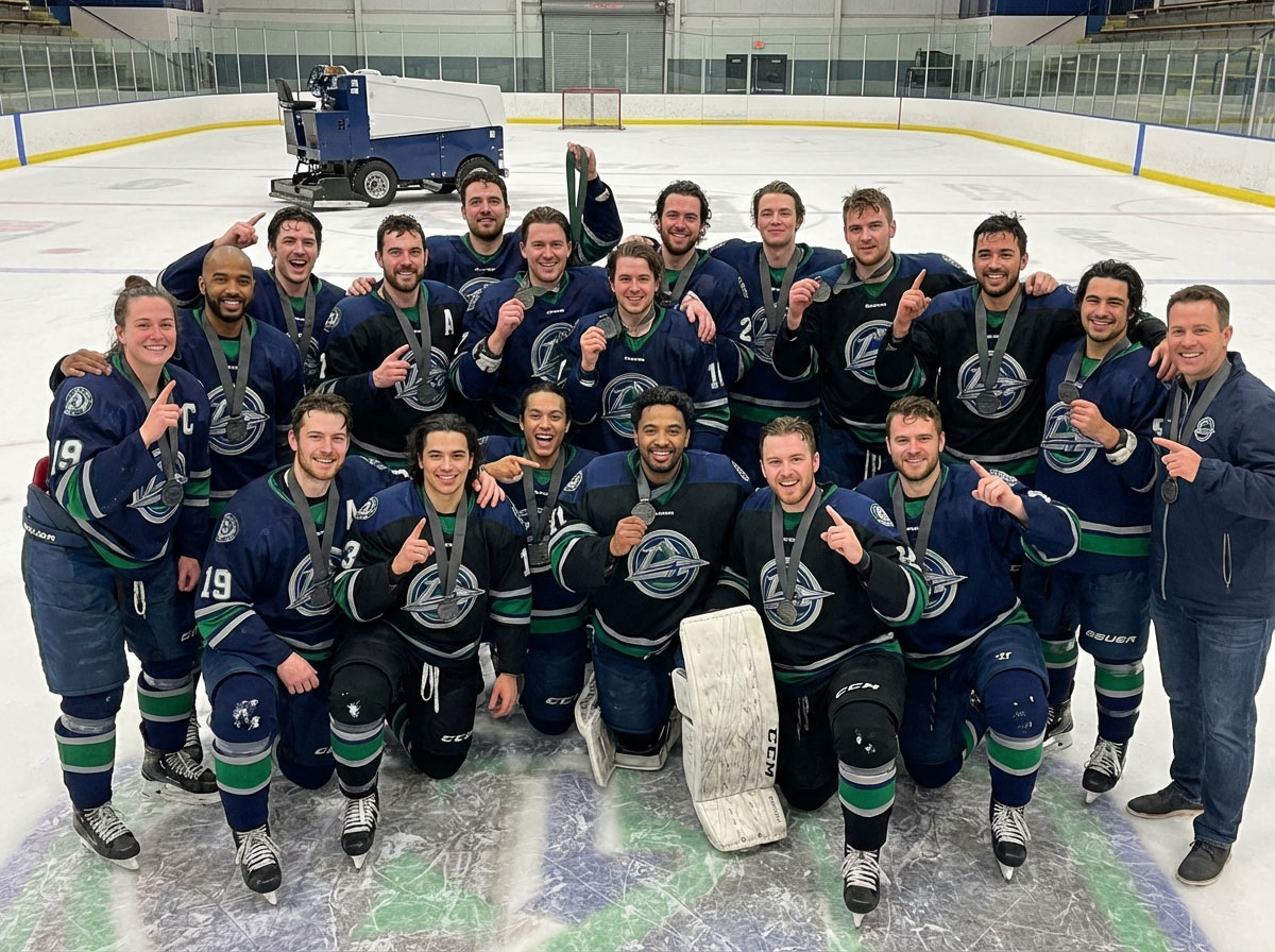 Hockey team in navy and green jerseys celebrating on the ice with championship medals after winning a tournament.