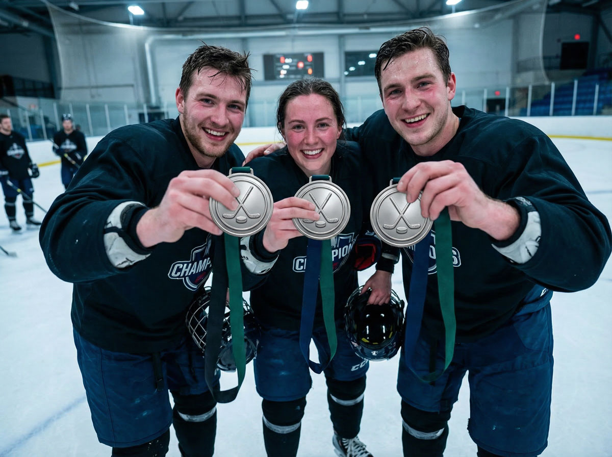 Three hockey players in dark jerseys smiling on the ice and proudly holding up silver championship medals with crossed stick designs.