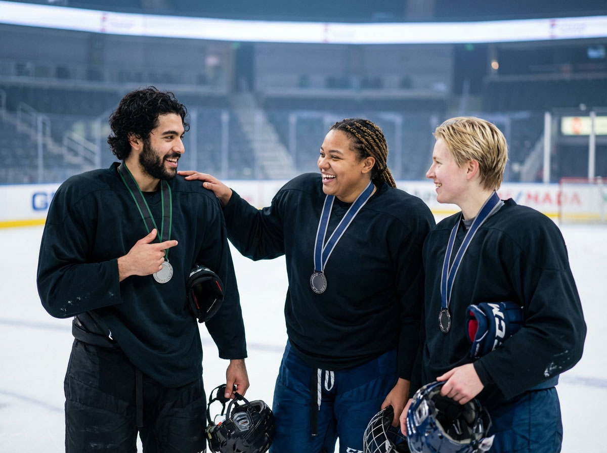 Three hockey players laughing together on the ice in an arena wearing silver medals around their necks.