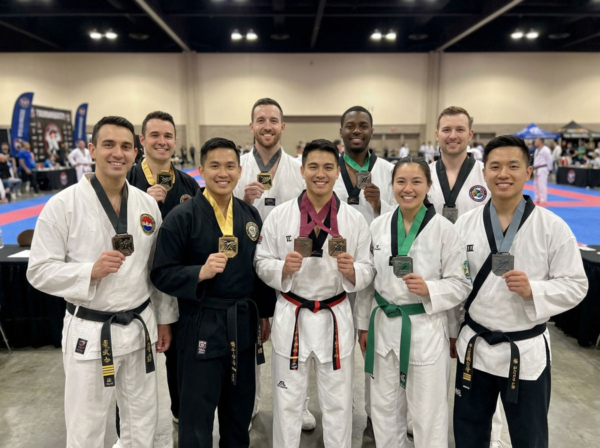 Group of taekwondo and martial arts competitors in white and black uniforms posing together with gold, silver, and bronze medals at a tournament.