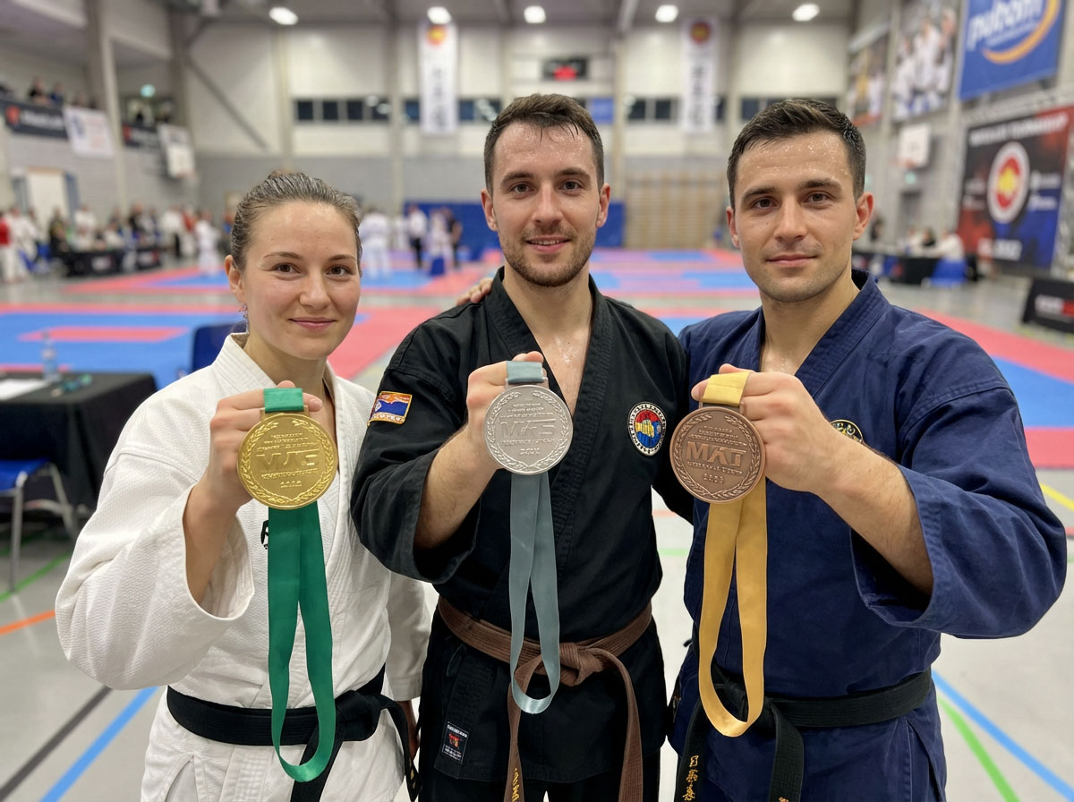 Three martial artists in white, black, and blue gis holding up gold, silver, and bronze medals on the competition mat.