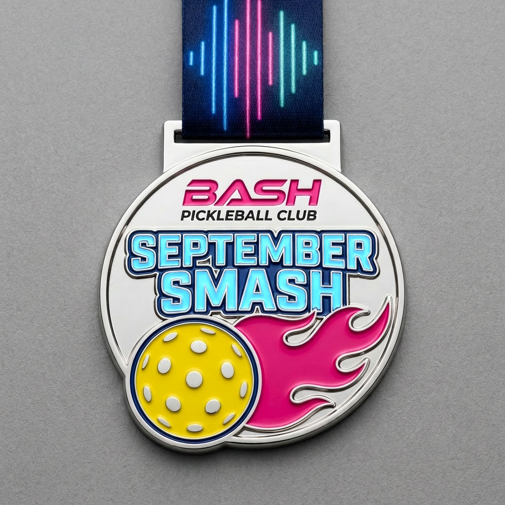 Silver Bash Pickleball Club September Smash medal with flaming yellow ball, pink and blue enamel, and custom sublimated ribbon