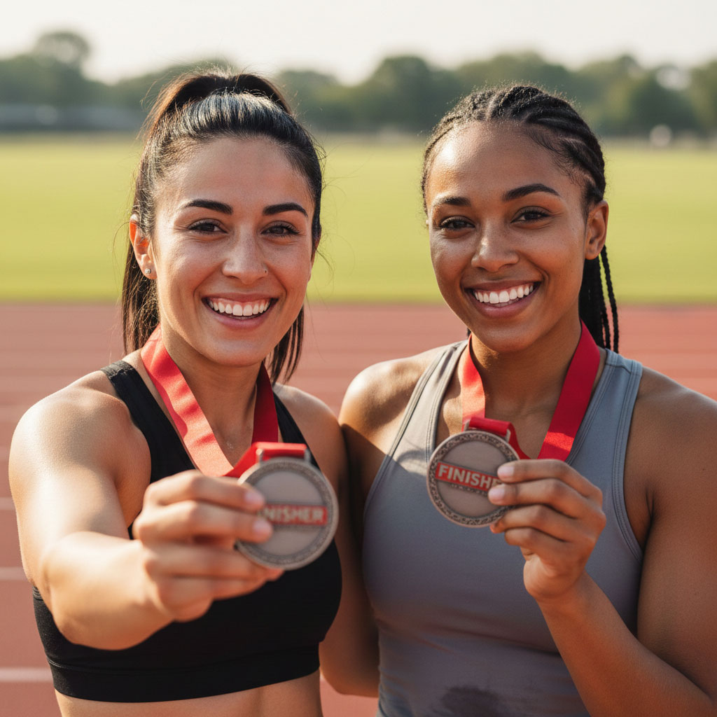 Two runners on a track smiling and holding up custom finisher medals with red ribbons after completing a race.