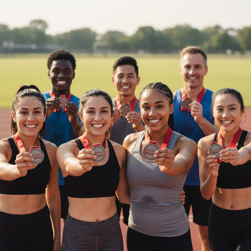 Group of seven runners posing on a track and holding up custom finisher medals with red ribbons after a race.