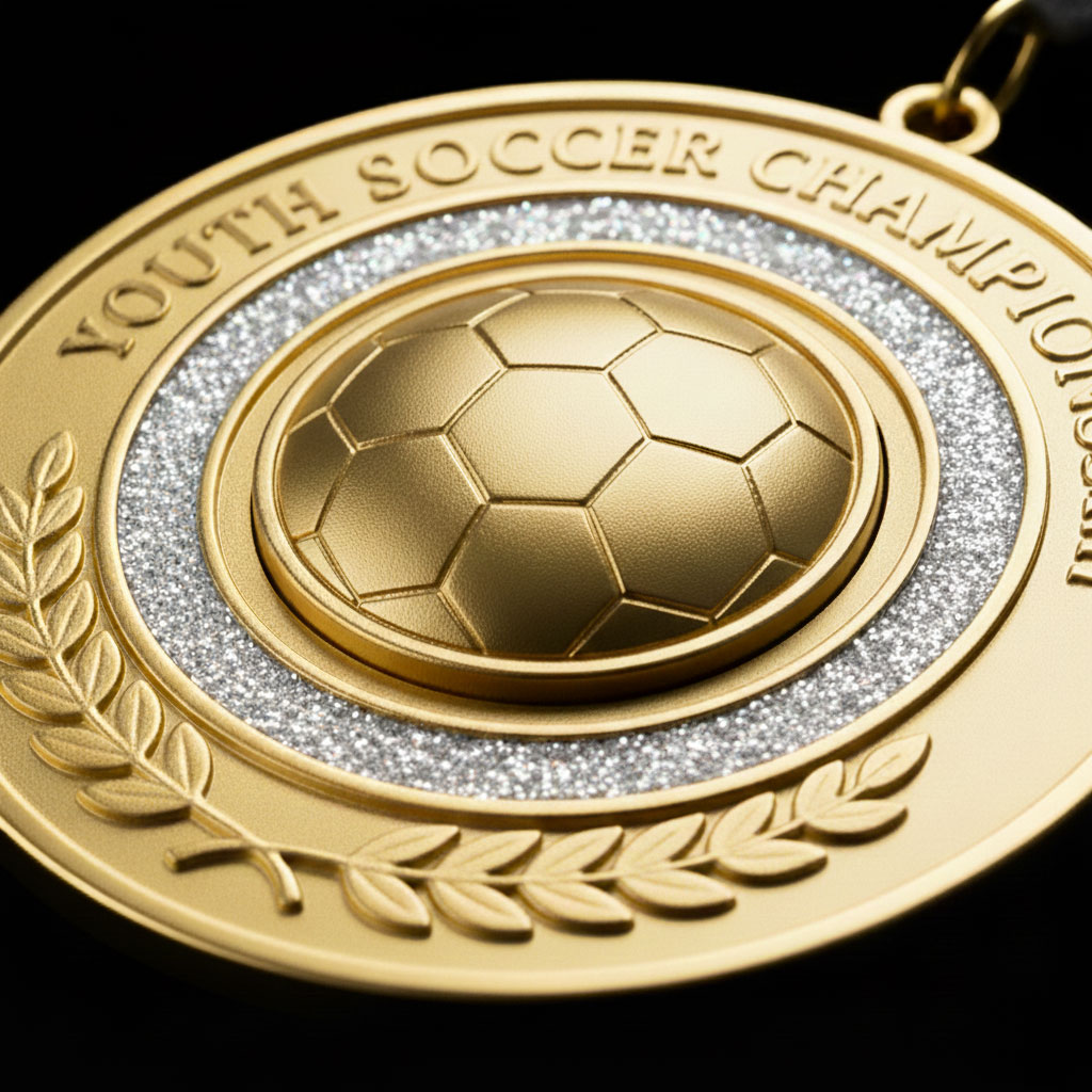 Close-up of a gold medal for a youth soccer championship, featuring a raised soccer ball spinner, glittery silver detailing, and a laurel wreath border, with a loop for a ribbon attachment.