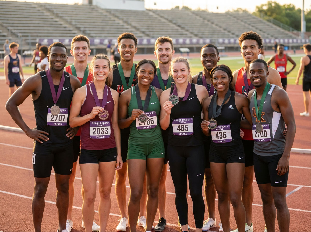 Group of track and field athletes from multiple schools posing together on the track with championship finals medals at an invitational meet.