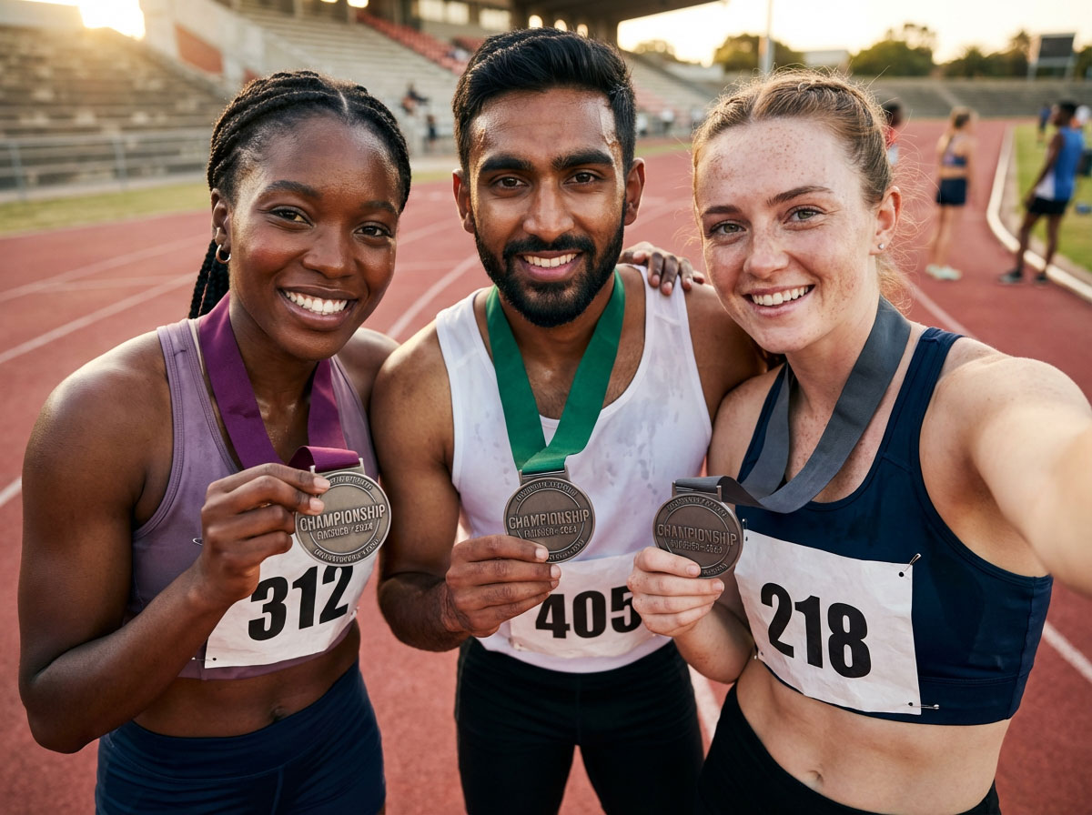 Three track and field athletes smiling on the track and proudly holding up championship finisher medals at sunset.