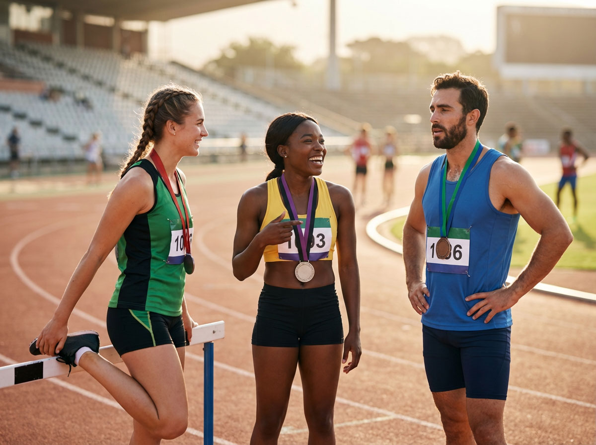 Three runners laughing together by a hurdle on the track wearing medals after a championship meet.