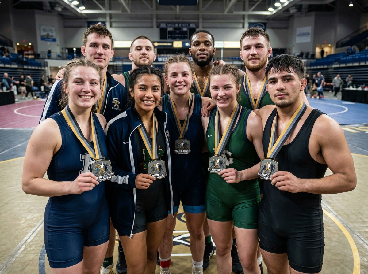 Group of male and female wrestlers from multiple teams posing together with championship tournament medals on the mat.