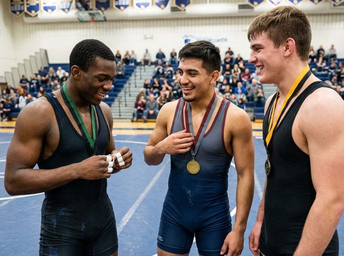 Three wrestlers in singlets laughing together on the mat wearing medals around their necks after a tournament, with crowd in the background.